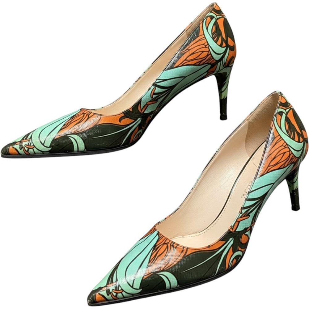 Prada Saffiano Leather Floral Print Pointed Toe Kitten Heel Pumps Size 36.5